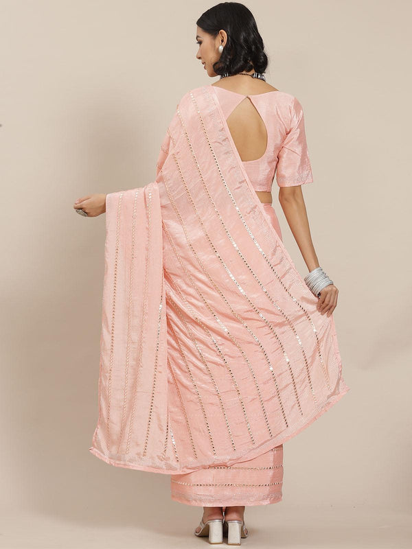 Women's Peach Elegant Mirror Work Saree - Odette