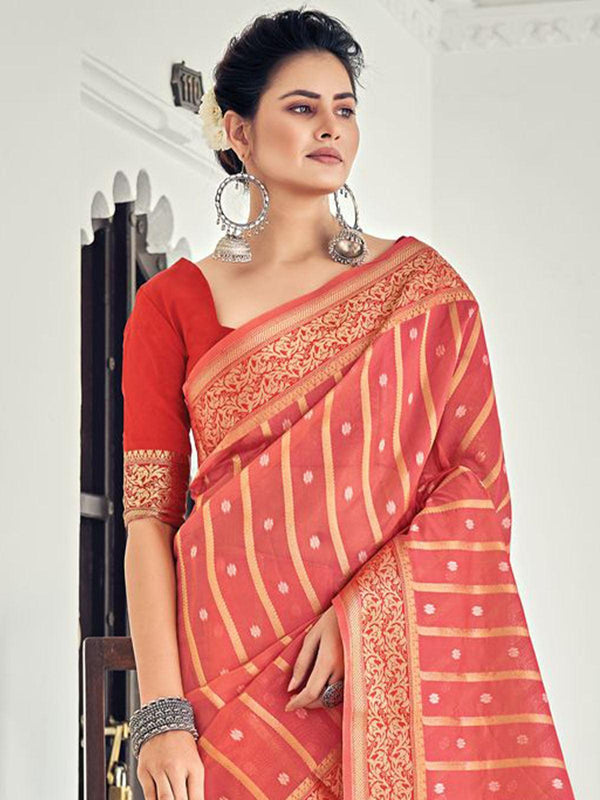 Women's Peach Elegantly Woven Organza Saree - Odette