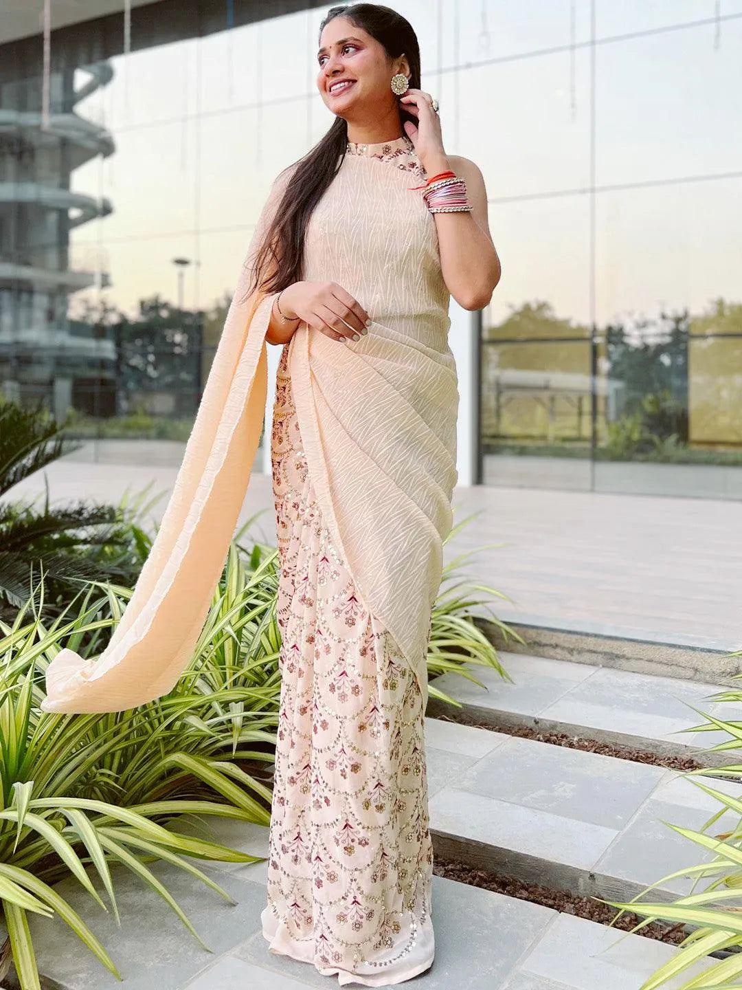 Peach Embellished Georgette Saree - Jashvi