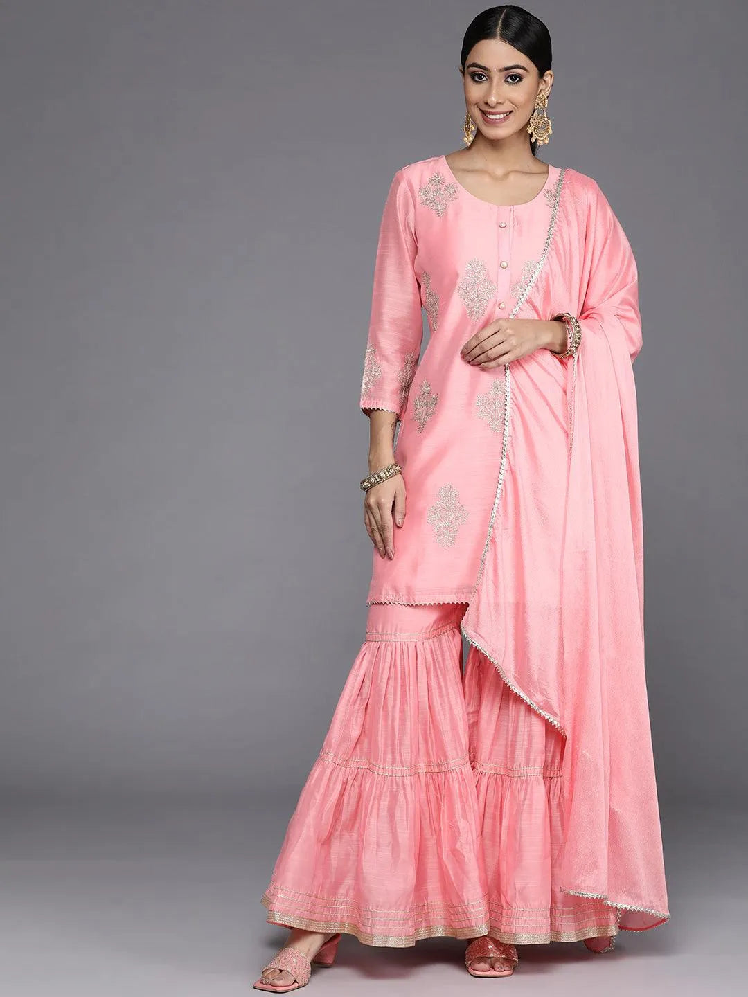 Peach Embroidered Chanderi Silk Straight Kurta With Sharara & Dupatta - Jashvi