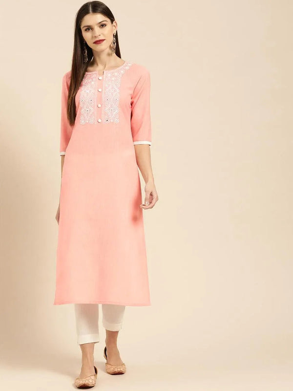 Peach Embroidered Cotton Kurta - Jashvi