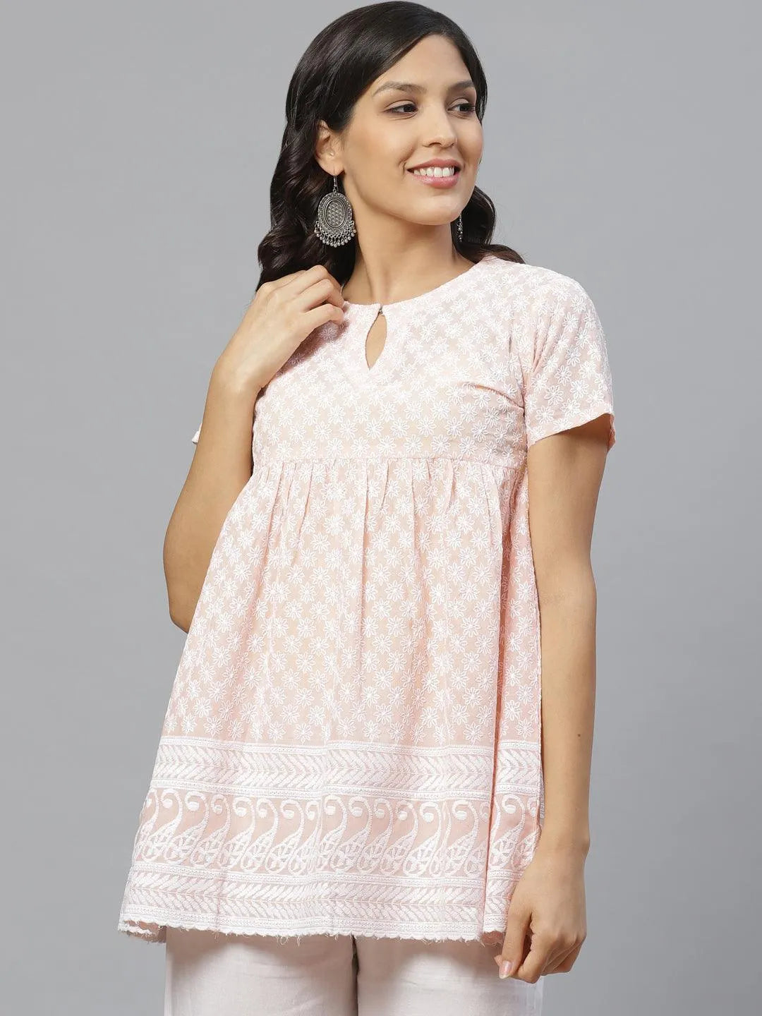 Peach Embroidered Cotton Kurti - Jashvi