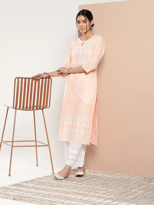 Peach Embroidered Cotton Straight Kurta - Jashvi