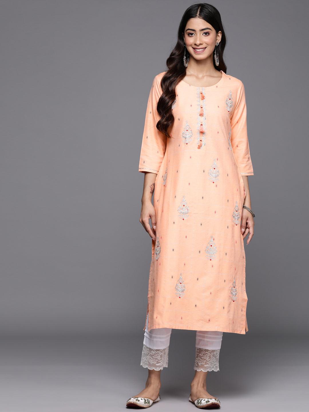 Peach Embellished Cotton Straight Kurta - Jashvi