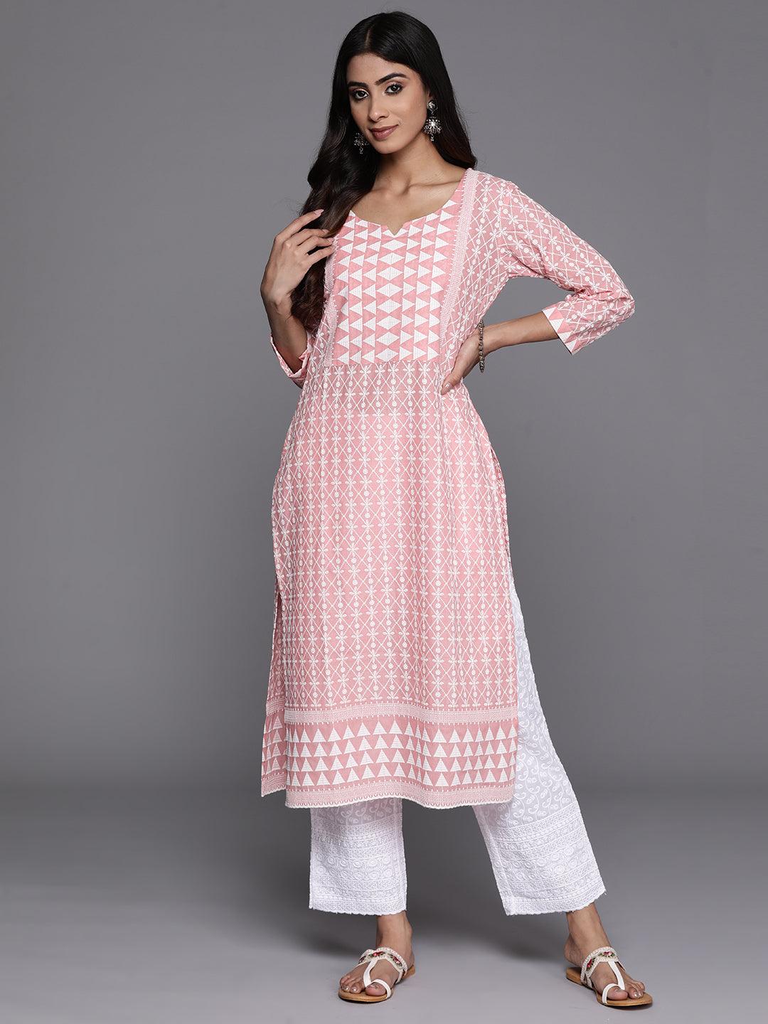 Peach Embroidered Cotton Straight Kurta - Jashvi