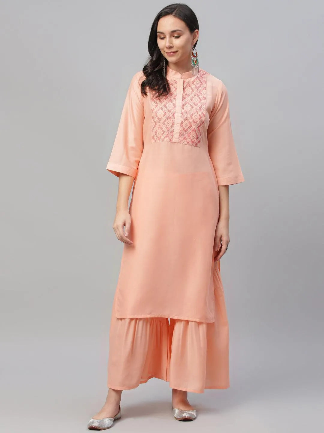 Peach Embroidered Crepe Kurta - Jashvi