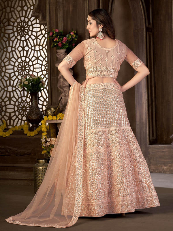 Women's Peach Embroidered Designer Net Lehenga - Odette