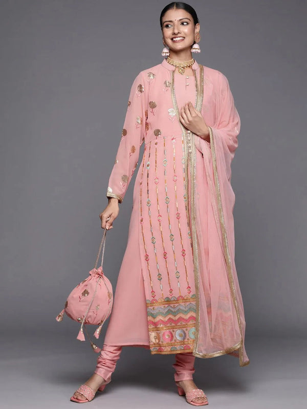 Peach Embroidered Georgette Pakistani Style Suit Set - Jashvi