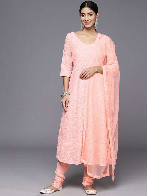 Peach Embroidered Georgette Anarkali Kurta With Churidar & Dupatta - Jashvi