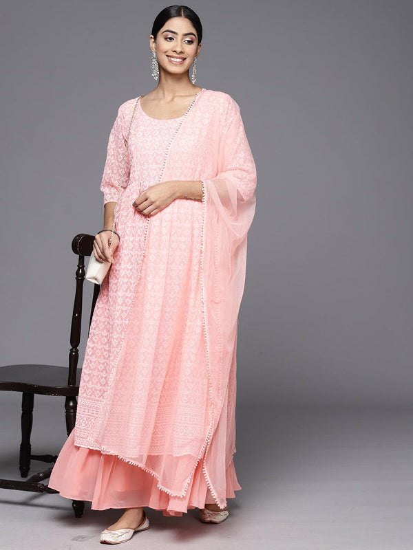 Peach Embroidered Georgette Anarkali Kurta With Palazzos & Dupatta - Jashvi