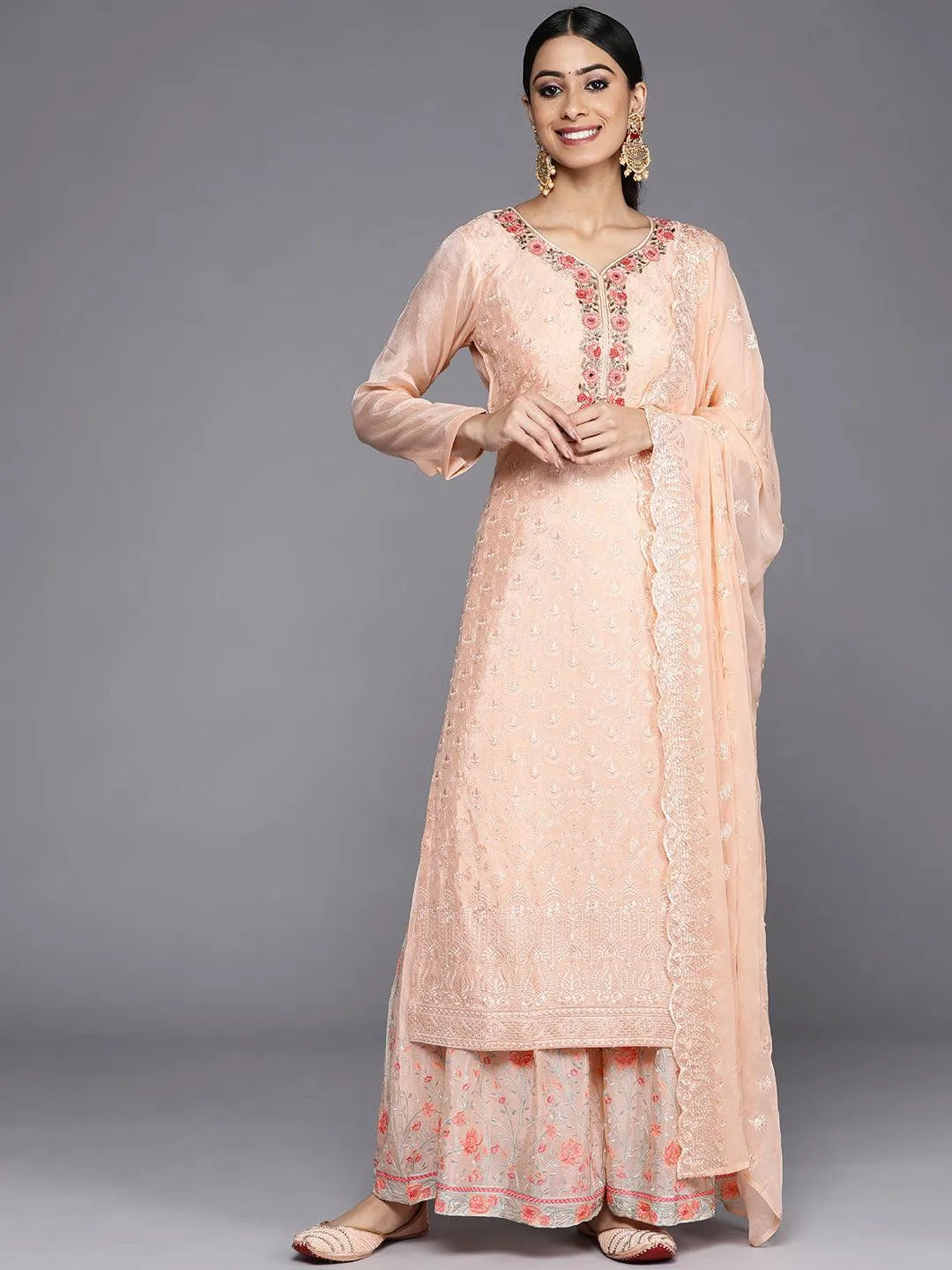 Peach Embroidered Poly Georgette Straight Suit Set - Jashvi