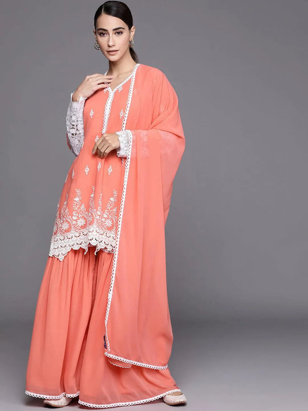 Peach Embroidered Georgette Suit Set - Jashvi