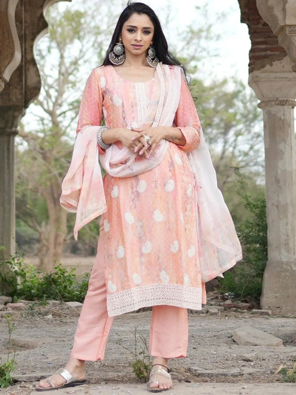 Peach Embroidered Poly Georgette Straight Suit Set - Jashvi