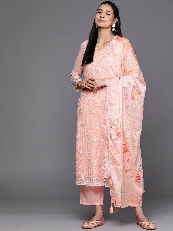 Peach Embroidered Georgette Straight Suit Set With Trousers - Jashvi