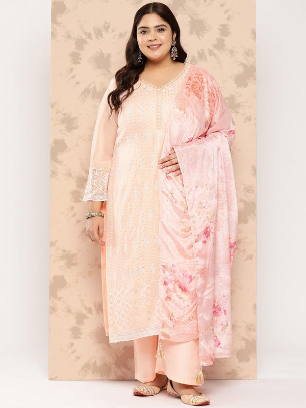 Peach Embroidered Georgette Straight Kurta With Trousers and Dupatta - Jashvi