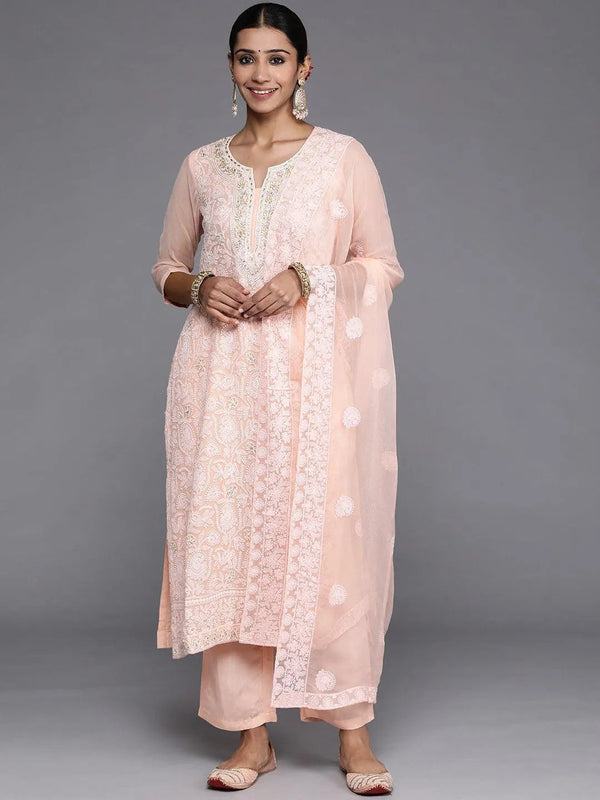 Peach Embroidered Poly Georgette Straight Suit Set - Jashvi