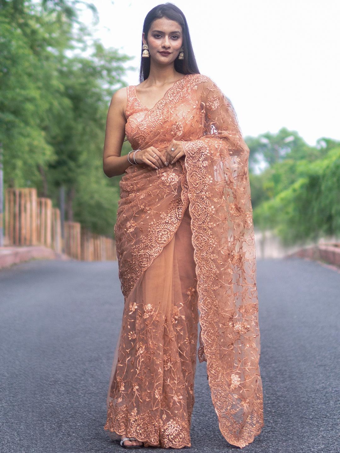 Peach Embroidered Net Saree - Jashvi