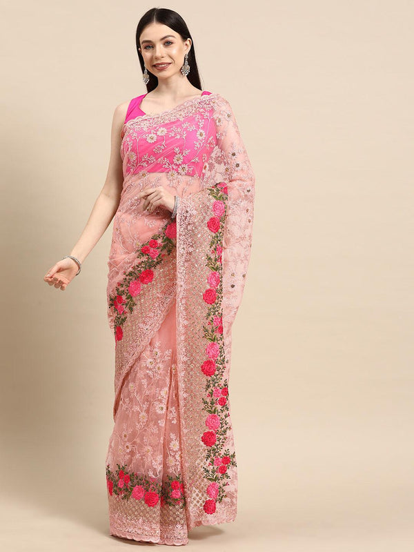 Peach Embroidered Net Saree - Jashvi