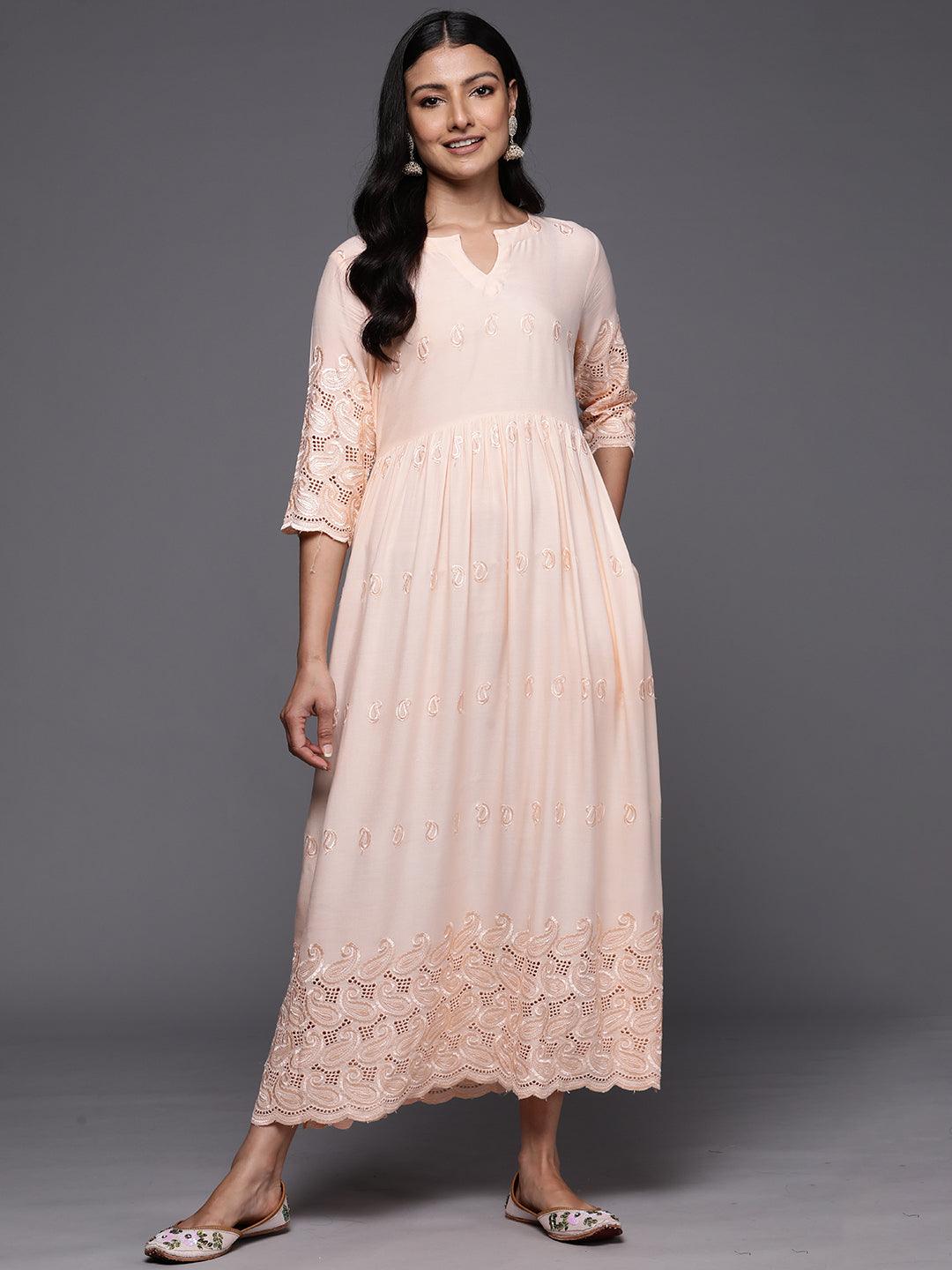 Peach Embroidered Rayon Fit and Flare Dress - Jashvi