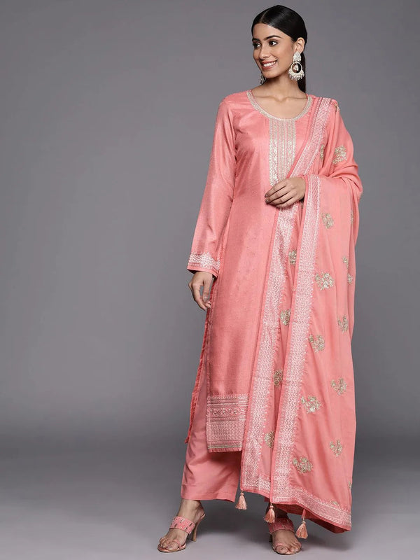 Peach Embroidered Silk Blend Straight Suit Set - Jashvi