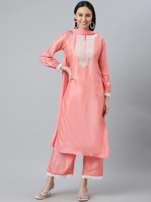 Peach Embroidered Silk Blend Suit Set - Jashvi