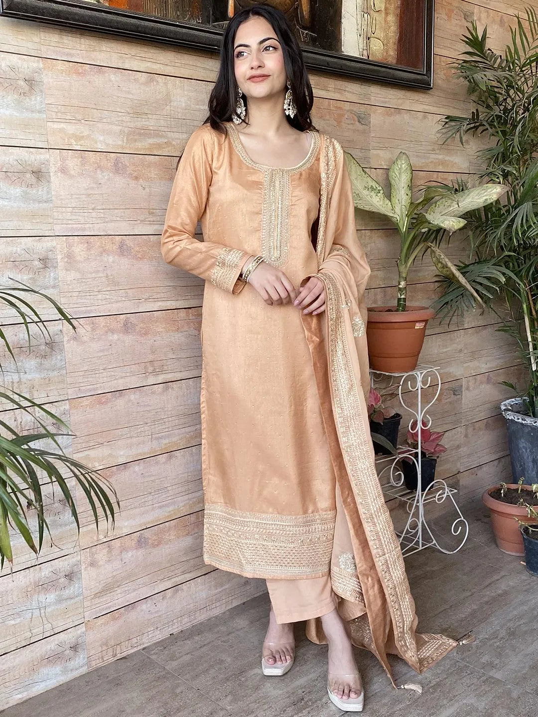 Peach Embroidered Silk Blend Straight Suit Set - Jashvi