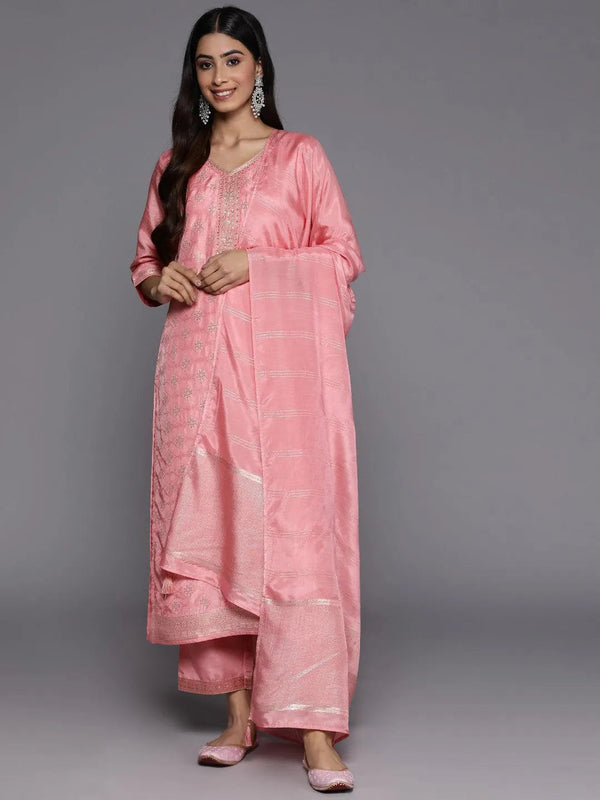 Peach Embroidered Silk Blend Suit Set With Trousers - Jashvi