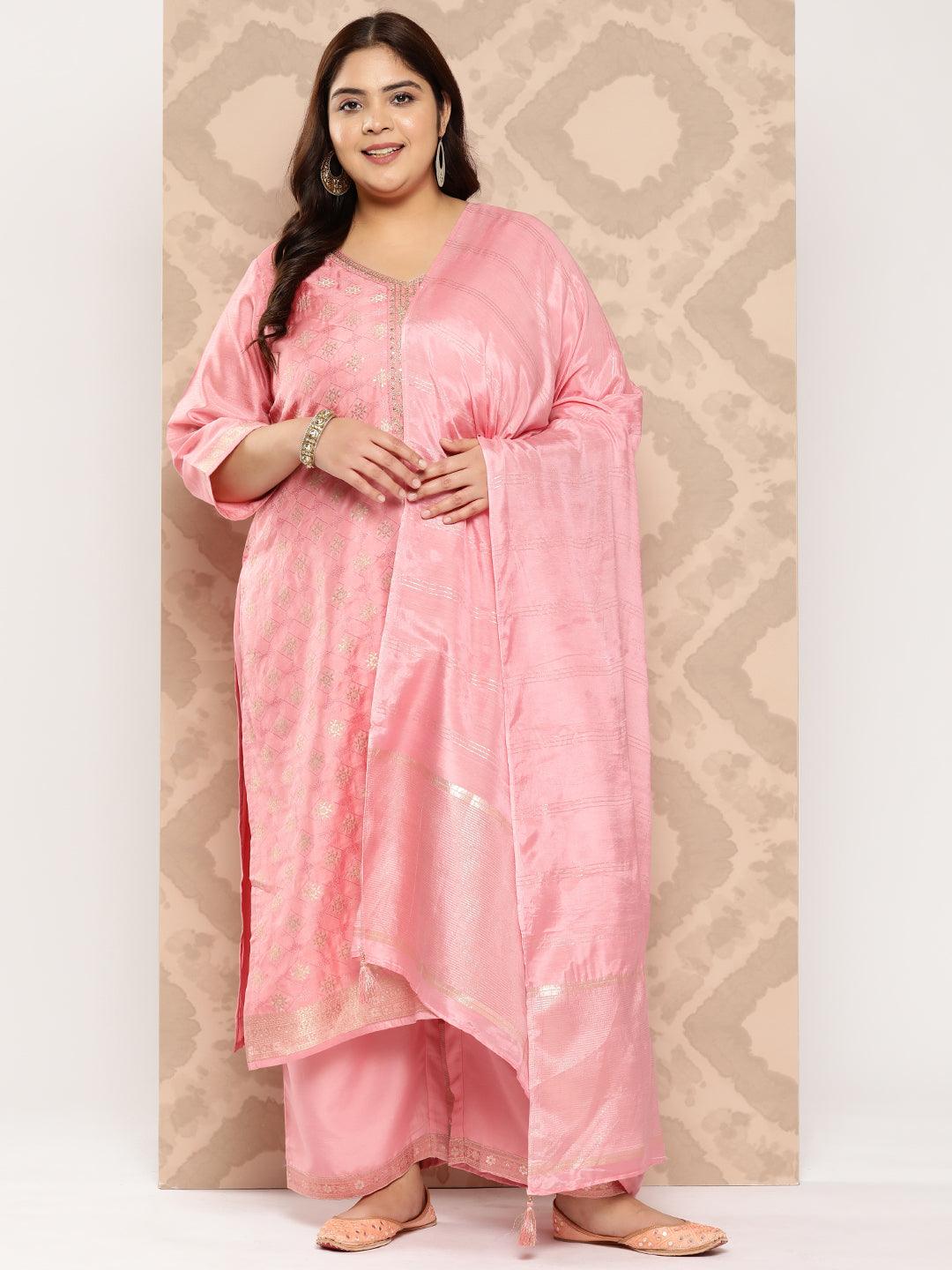 Peach Embroidered Silk Blend Straight Kurta With Trousers and Dupatta - Jashvi