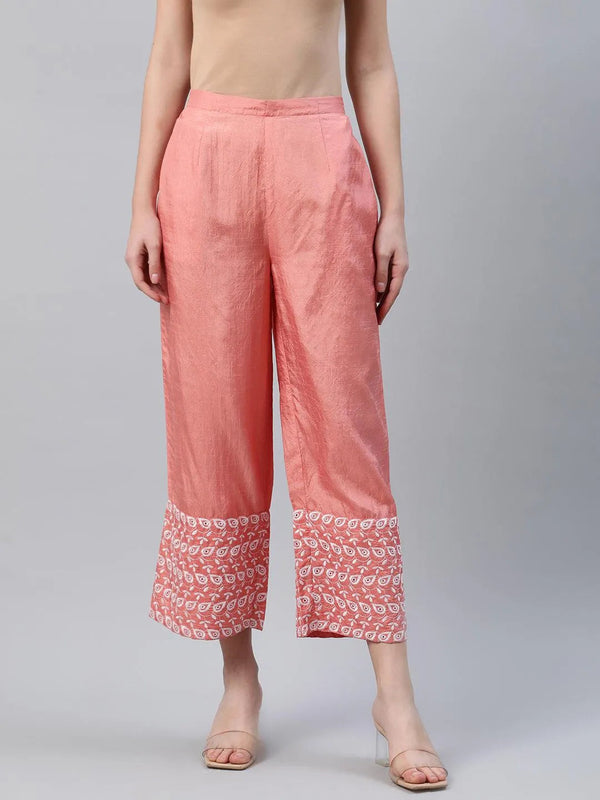 Peach Embroidered Silk Palazzos - Jashvi