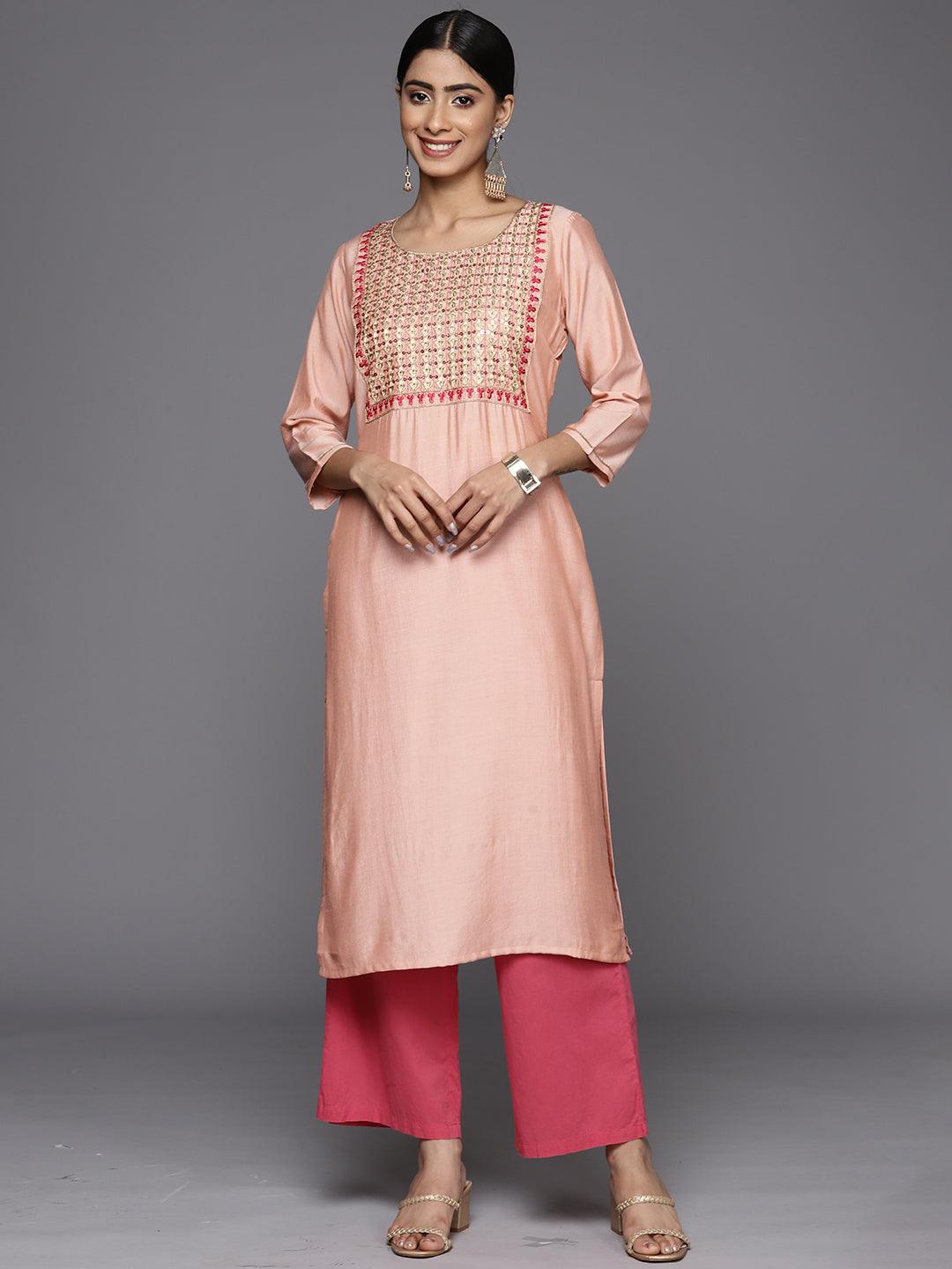 Peach Embroidered Silk Straight Kurta - Jashvi