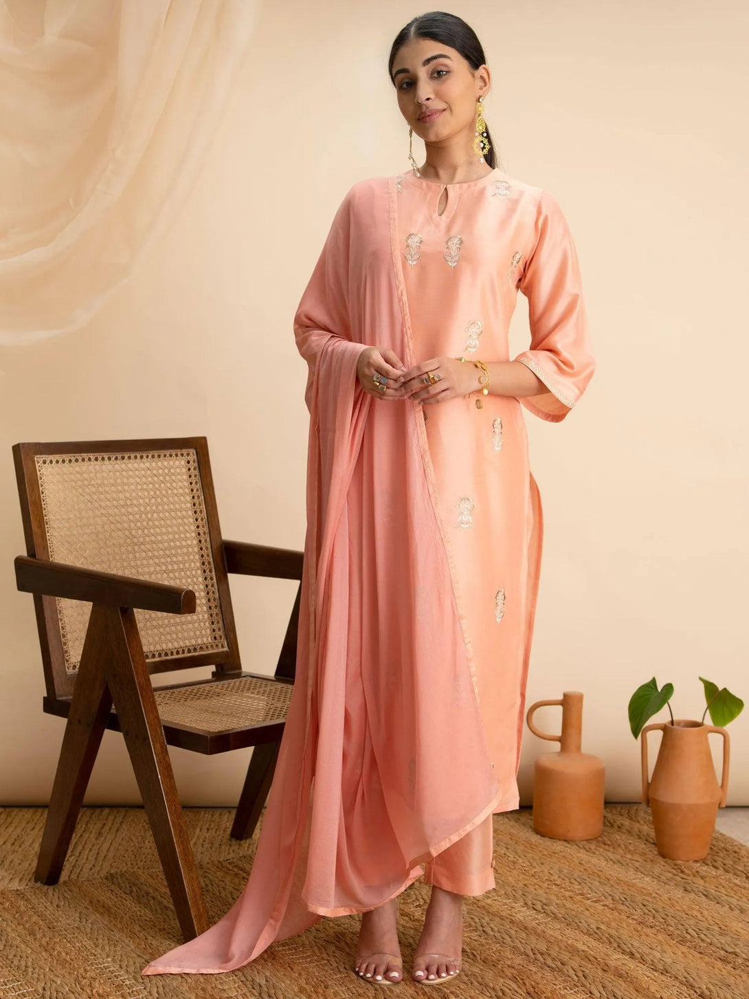 Peach Embroidered Silk Suit Set - Jashvi