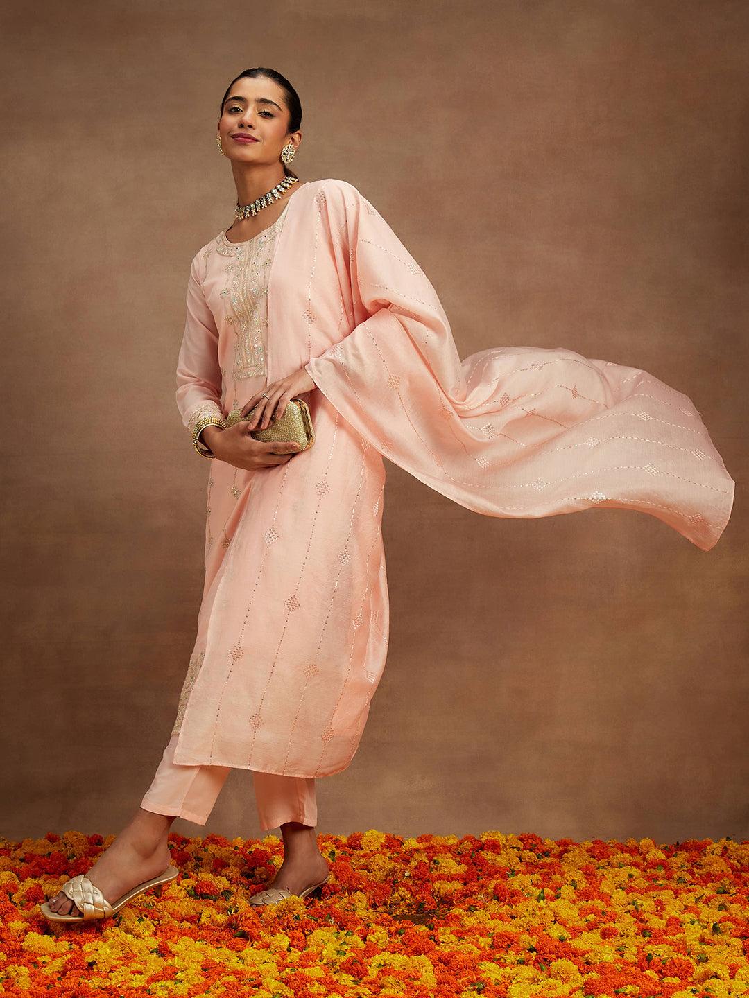 Peach Embroidered Silk Straight Kurta With Trousers & Dupatta - Jashvi