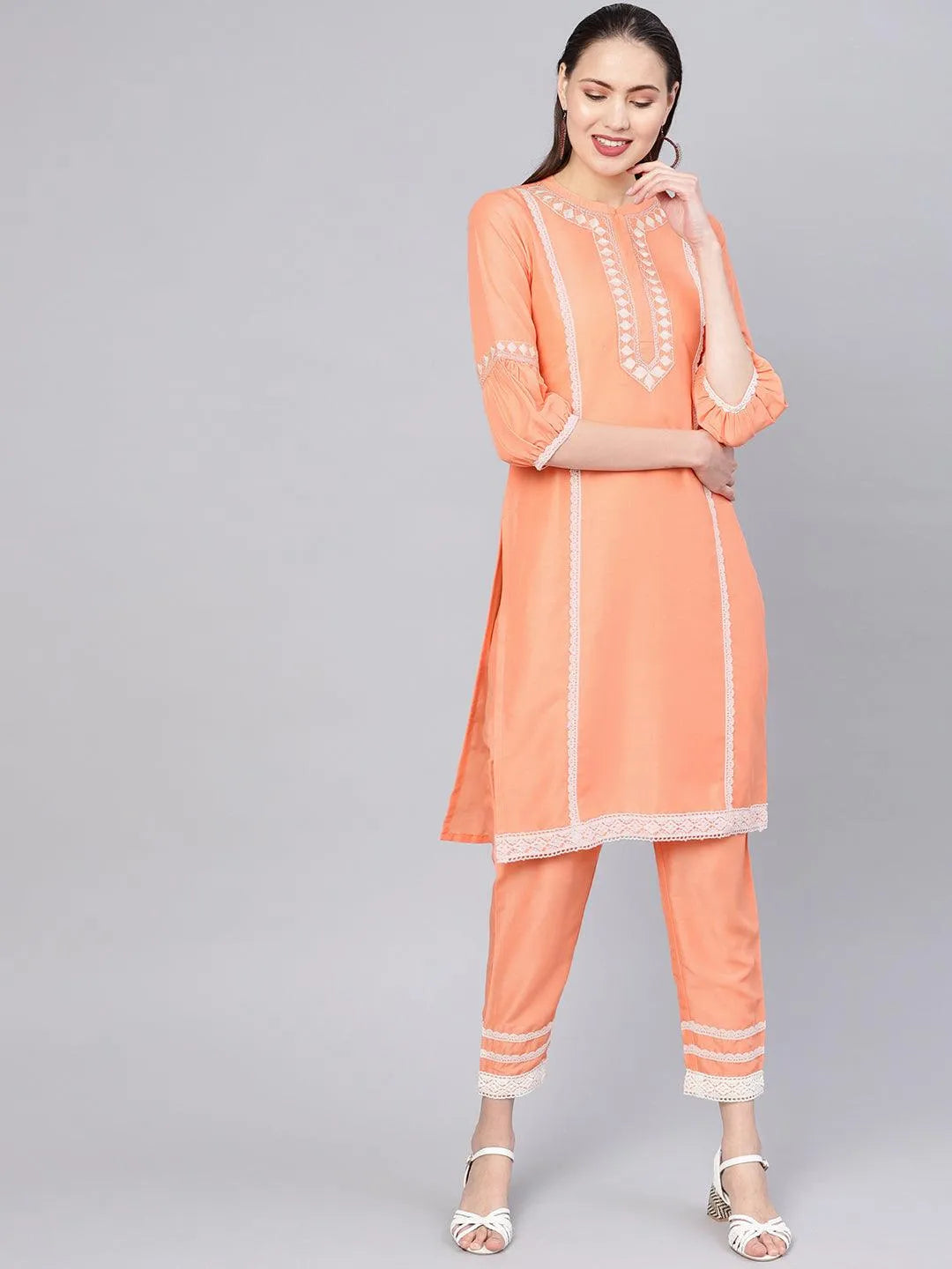 Peach Embroidered Silk Kurta Set - Jashvi