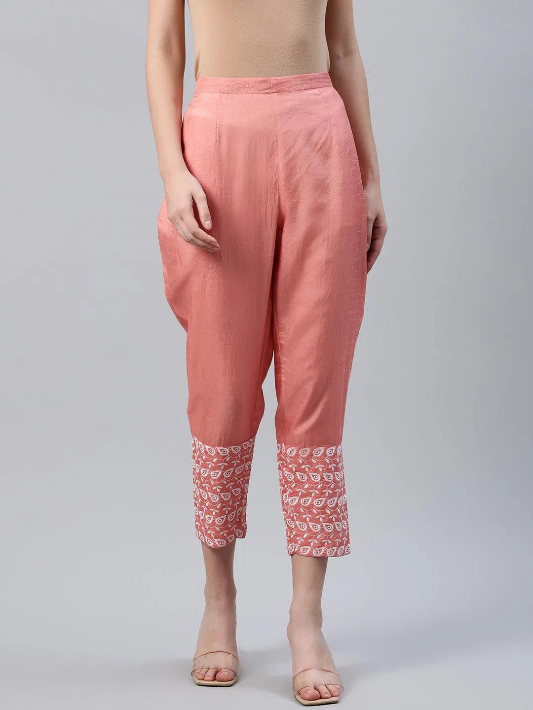 Peach Embroidered Silk Trousers - Jashvi