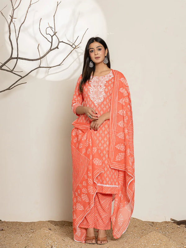 Peach Ethnic Motifs Cotton Straight Kurta Dupatta Set-Indiakreations-JS6971SKDPCS