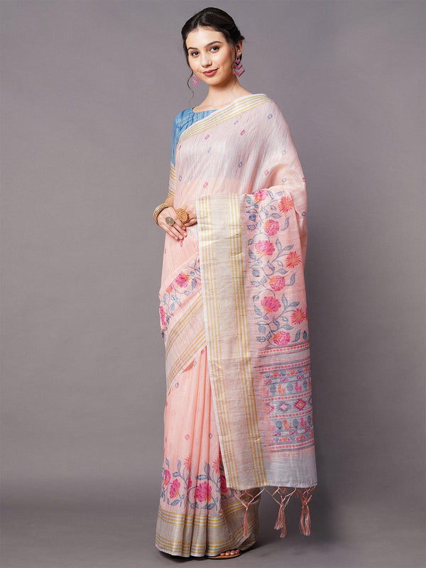 Women's Peach Festive Linen Blend Printed Saree With Unstitched Blouse - Odette