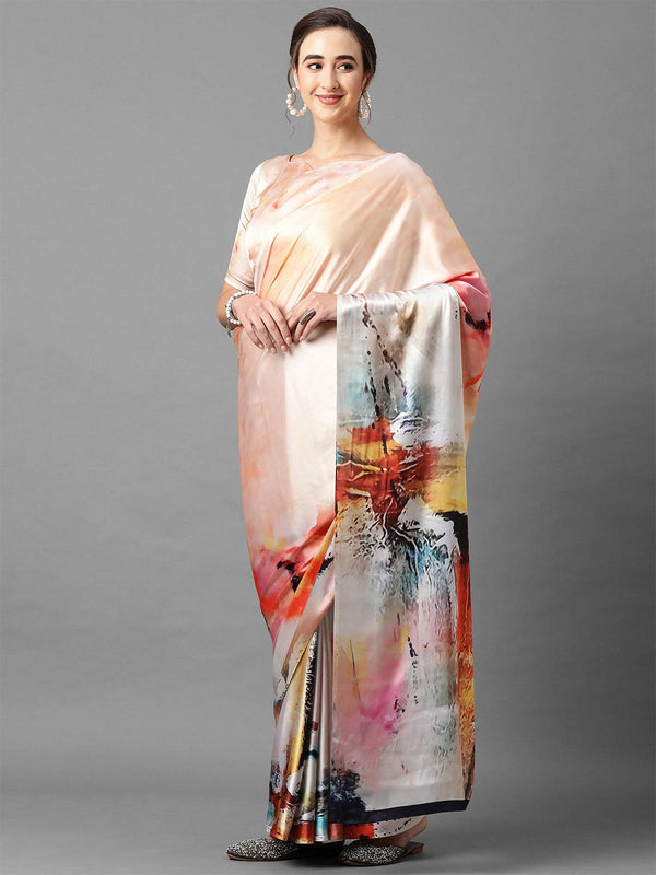 Women's Peach Festive Satin Silk Printed Saree With Unstitched Blouse - Odette