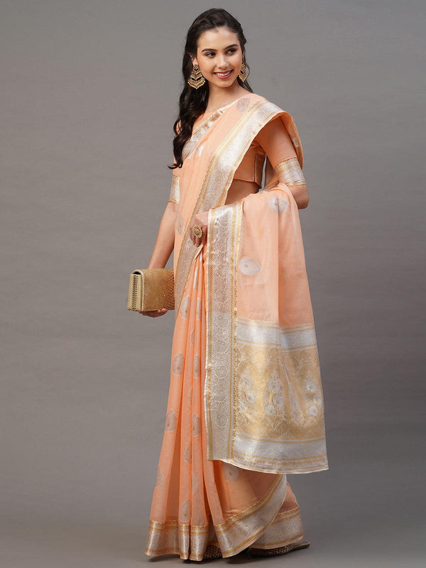 Women's Peach Festive Silk Blend Woven Design Saree With Unstitched Blouse - Odette