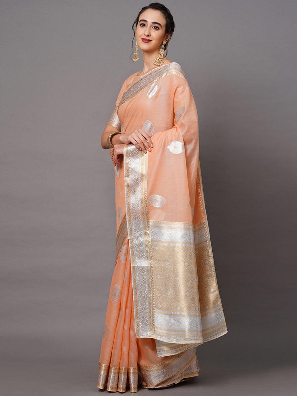 Women's Peach Festive Silk Blend Woven Design Saree With Unstitched Blouse - Odette