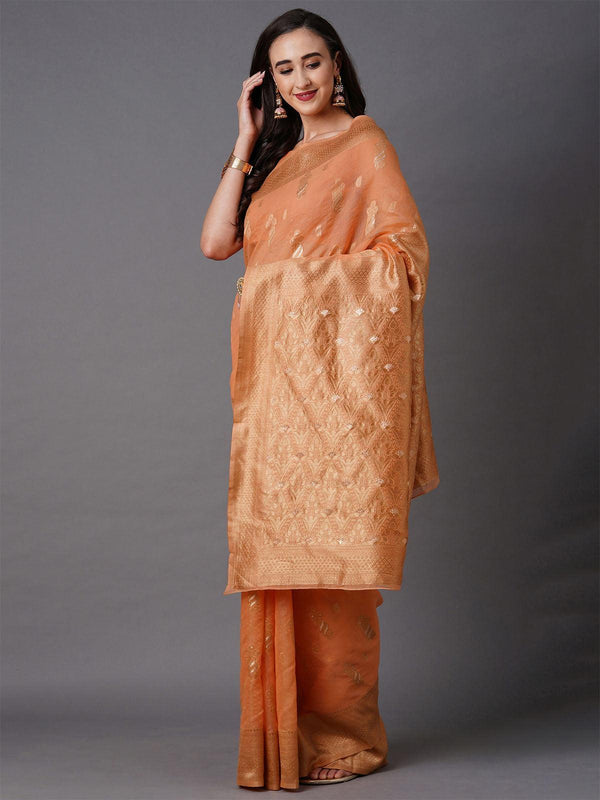 Women's Peach Festive Silk Blend Woven Design Saree With Unstitched Blouse - Odette