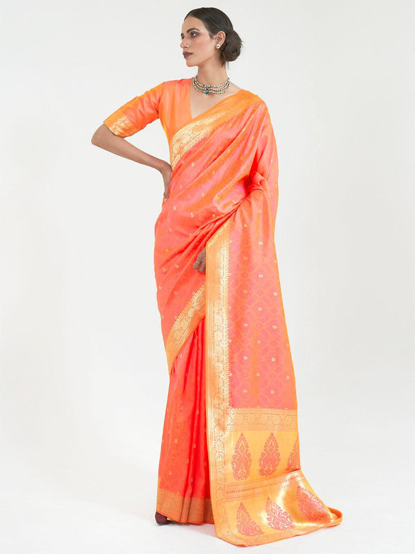 Women's Peach Festive Silk Blend Woven Design Saree With Unstitched Blouse - Odette