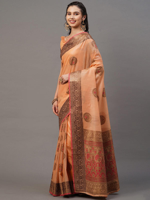 Women's Peach Festive Silk Blend Woven Design Saree With Unstitched Blouse - Odette