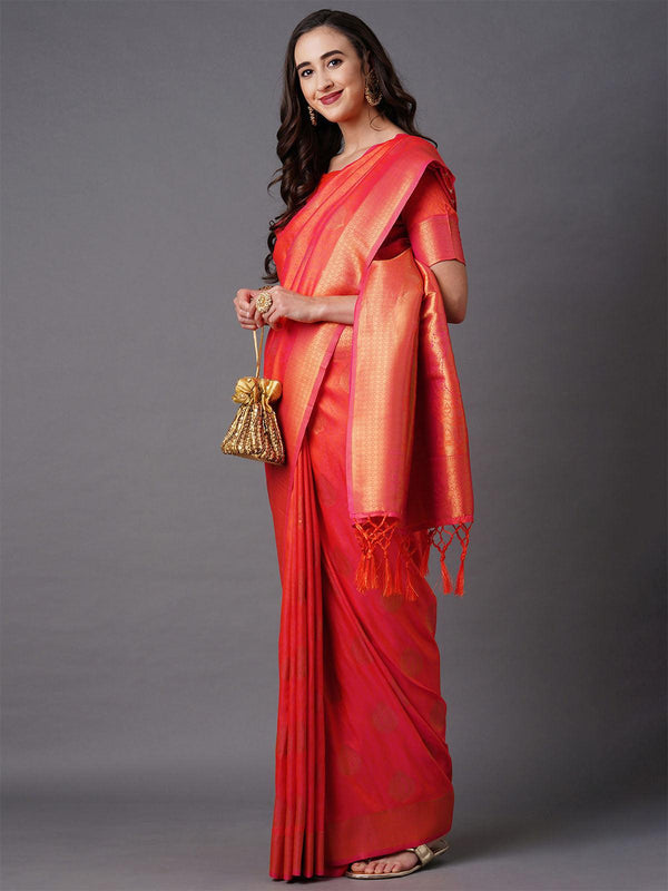 Women's Peach Festive Silk Blend Woven Design Saree With Unstitched Blouse - Odette