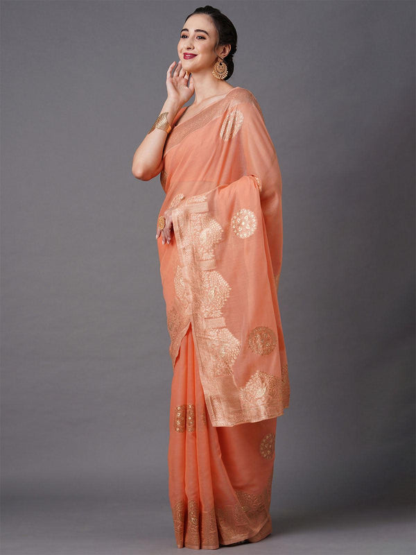 Women's Peach Festive Silk Blend Woven Design Saree With Unstitched Blouse - Odette