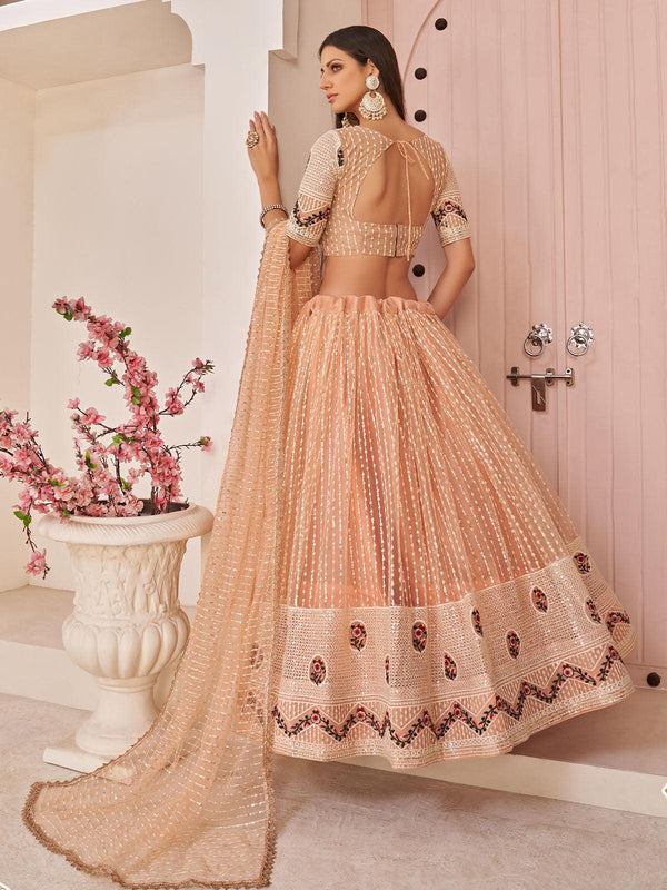 Women's Peach Mono Net Cotton Thread Embroidery Lehenga - Odette