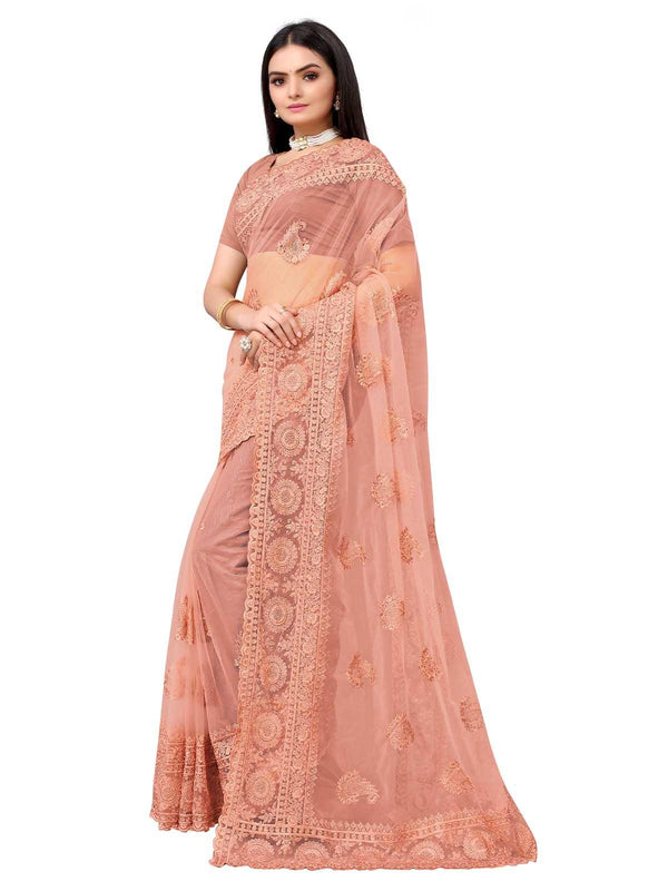 Women's Peach Net Embroidered Saree With Blouse - Odette