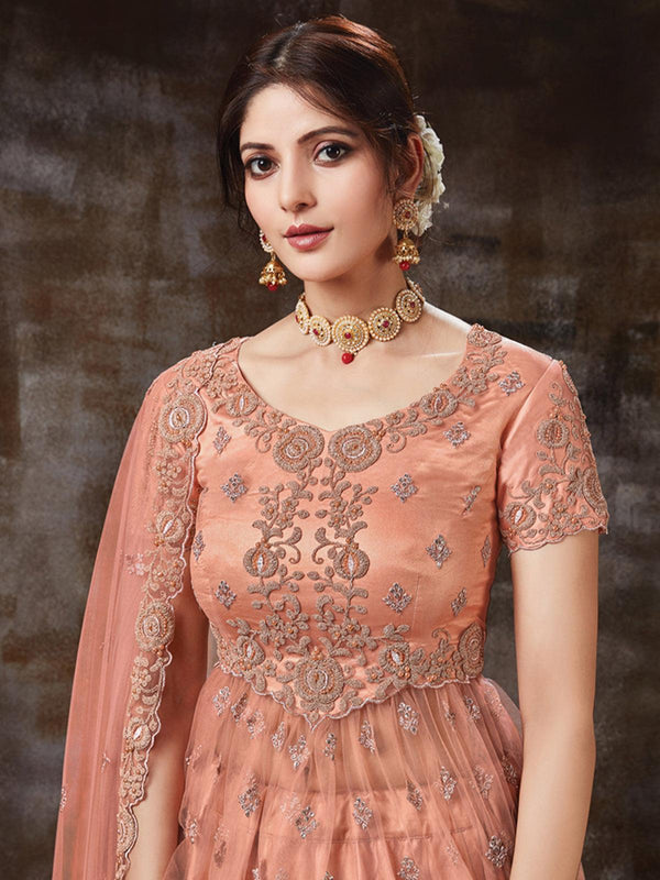 Women's Peach Net Satin Silk Designer Lehenga Choli - Odette