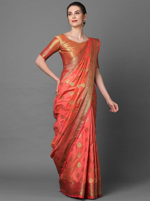 Women's Peach Party Wear Silk Blend Woven Design Saree With Unstitched Blouse - Odette