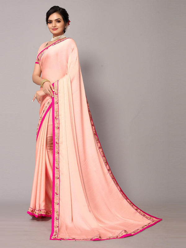 Women's Peach Poly Chiffion Embroidery Border Work Saree With Blouse - Odette