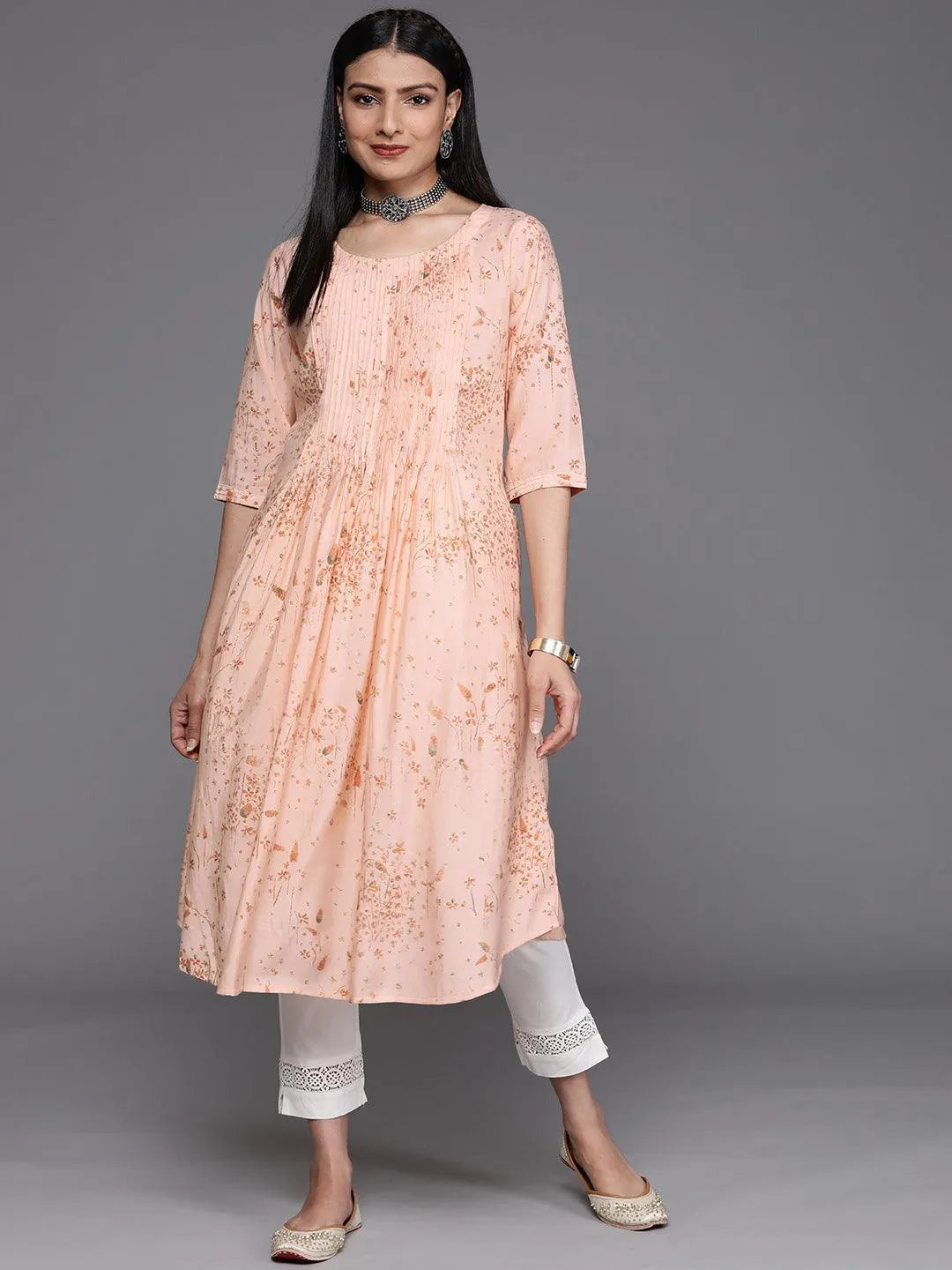 Peach Printed Chanderi Silk Kurta - Jashvi